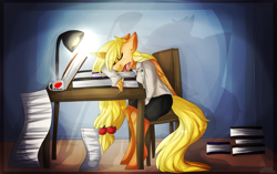 Size: 2300x1444 | Tagged: safe, artist:oddends, applejack, alicorn, anthro, unguligrade anthro, book, chair, clothes, eyes closed, lamp, long mane, mug, open mouth, paperwork, pencil, princess applejack, sleeping