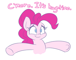 Size: 1000x800 | Tagged: safe, artist:heir-of-rick, pinkie pie, earth pony, pony, bronybait, bust, cute, dialogue, diapinkes, female, hug time, incoming hug, mare, simple background, smiling, solo, white background