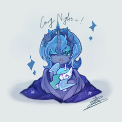 Size: 850x850 | Tagged: safe, artist:sibashen, princess celestia, princess luna, alicorn, pony, :>, :o, c:, crown, cute, eyeshadow, female, filly, good night, jewelry, lunabetes, makeup, mare, misspelling, one eye closed, open mouth, plushie, regalia, simple background, smiling, solo, sparkles, teary eyes, white background, wink