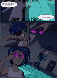 Size: 800x1080 | Tagged: safe, artist:kare-valgon, dj pon-3, neon lights, rising star, vinyl scratch, human, comic:gtvs, comic, converse, crying, fanfic art, great teacher vinyl scratch, humanized, magazine, sad, shoes, sunglasses, tattoo, vinyl's glasses