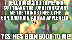 Size: 1280x720 | Tagged: safe, applejack, earth pony, pony, apple tree, disney, god, grateful, image macro, johnny appleseed, melody time, meme, praise, religion, song reference, tree