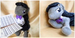 Size: 1567x795 | Tagged: safe, artist:1stastrastudio, octavia melody, earth pony, pony, blouse, bowtie, clothes, fishnet stockings, irl, looking at you, photo, plushie, sheet music, skirt, solo, stockings, traditional art