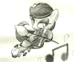 Size: 989x835 | Tagged: safe, artist:matugi, octavia melody, earth pony, pony, grayscale, monochrome, music notes, smiling, solo, traditional art, violin