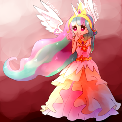 Size: 1195x1200 | Tagged: safe, artist:sea, princess celestia, human, clothes, crown, cute, cutelestia, dress, female, horn, horned humanization, humanized, jewelry, pixiv, regalia, solo, winged humanization, wings