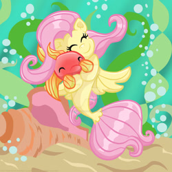 Size: 1024x1024 | Tagged: safe, artist:yoshimarsart, fluttershy, fish, seapony (g4), cute, hug, obtrusive watermark, seaponified, seapony fluttershy, shyabetes, solo, species swap, underwater, watermark, watershy