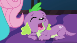 Size: 1280x720 | Tagged: safe, edit, edited screencap, editor:slayerbvc, screencap, fluttershy, spike, spike the regular dog, dog, better together, equestria girls, star crossed, accessory-less edit, bed, male, missing accessory, sitting, sleepy, tired, yawn