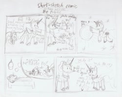 Size: 1005x795 | Tagged: safe, artist:khaki-cap, princess celestia, princess luna, oc, oc:khaki-cap, alicorn, earth pony, pony, bed, nightmare, random, sketch, sketch comic, sleeping, traditional art