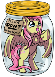 Size: 898x1258 | Tagged: safe, artist:dawnallies, part of a series, part of a set, fluttershy, butterfly, pegasus, pony, abuse, don't tap the pony in the jar, flutterbuse, flutters, glass, help, jar, lid, pink, plastic, pony in a bottle, sad, simple background, solo, stuck, transparent background, yellow