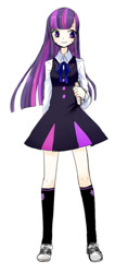 Size: 400x848 | Tagged: safe, artist:shirotsumehakka, derpibooru import, twilight sparkle, human, book, clothes, converse, humanized, kneesocks, school uniform, shoes, sneakers, socks, solo