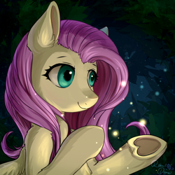 Size: 1024x1024 | Tagged: safe, artist:rikadiane, fluttershy, firefly (insect), pegasus, pony, female, forest, heart, heart hoof, mare, night, smiling, solo, underhoof, updated