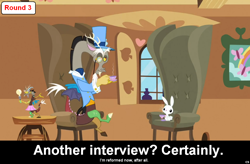 Size: 1024x672 | Tagged: safe, angel bunny, discord, comic:celestia's servant interview, caption, interview, meta