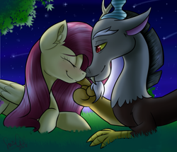 Size: 2193x1886 | Tagged: safe, artist:sonigiraldo, discord, fluttershy, pegasus, pony, discoshy, female, grass, male, night, shipping, straight, tree