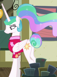 Size: 482x660 | Tagged: safe, screencap, princess celestia, alicorn, pony, between dark and dawn, alternate hairstyle, bored, celestia is not amused, clothes, cropped, cutie mark, ethereal mane, female, flowing mane, folded wings, frown, hawaiian shirt, letter, mail, mare, narrowed eyes, plot, ponyville, post office, shirt, solo, tail bun, unamused, unimpressed, vacation, wings