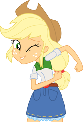 Size: 3001x4414 | Tagged: safe, artist:cloudyglow, applejack, equestria girls, equestria girls (movie), absurd resolution, clothes, cowboy hat, denim skirt, freckles, happy, hat, one eye closed, simple background, skirt, smiling, solo, stetson, time to come together, transparent background, vector, wink