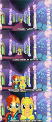 Size: 1024x2388 | Tagged: artist needed, safe, flash sentry, princess flurry heart, sunburst, pegasus, pony, unicorn, covering, creepy, frightened, funny, halloween, hallway, holiday, looking at you, lyrics in the description, movie parody, movie reference, nightmare night, parody, song reference, the grady girls, the shining, twins, uncanny valley, walking towards you, wing covering, youtube link