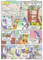 Size: 3495x4885 | Tagged: safe, artist:xeviousgreenii, applejack, rarity, scootaloo, earth pony, pony, unicorn, comic:the temple of bloom, comic, high res, map, rope, saddle bag, traditional art, waterfall