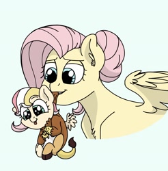 Size: 1484x1511 | Tagged: safe, artist:pastel-charms, fluttershy, oc, oc:harmonic chord, hybrid, pegasus, pony, baby draconequus, behaving like a cat, blue background, female, interspecies offspring, mother and child, mother and daughter, mouth hold, offspring, parent and child, parent:discord, parent:fluttershy, parents:discoshy, scruff, simple background