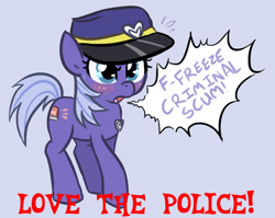 Size: 562x448 | Tagged: safe, oc, oc only, oc:blue fuzz, blushing, criminal scum, first world anarchist, meta, police, stop right there criminal scum