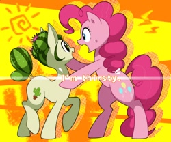 Size: 1080x900 | Tagged: safe, artist:potetecyu_to, pinkie pie, oc, oc:saboco, earth pony, pony, cactus pony, cute, duo, female, mare, smiling