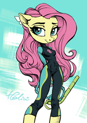 Size: 2480x3507 | Tagged: safe, artist:holivi, fluttershy, anthro, diving goggles, equestria girls outfit, female, looking at you, pointed breasts, snorkel, solo, wetsuit