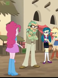 Size: 1536x2048 | Tagged: safe, screencap, applejack, canter zoom, juniper montage, pinkie pie, equestria girls, movie magic, spoiler:eqg specials, crossed arms, female, glasses, india movie set, male, pigtails