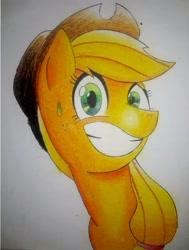 Size: 2440x3224 | Tagged: safe, artist:mustachedbain, applejack, earth pony, pony, grin, nervous, nervous grin, smiling, solo, sweat, sweatdrop, traditional art
