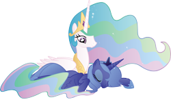 Size: 4820x2930 | Tagged: safe, artist:wraithx79, princess celestia, princess luna, alicorn, pony, absurd resolution, crown, cute, cutelestia, daaaaaaaaaaaw, duo, duo female, ethereal mane, eyes closed, female, high res, hnnng, hoof shoes, jewelry, lunabetes, mare, prone, regalia, royal sisters, s1 luna, siblings, simple background, sisterly love, sisters, sleeping, transparent background, vector
