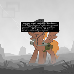 Size: 1280x1280 | Tagged: safe, oc, oc only, oc:calamity, fallout equestria, meta, pony confession, text