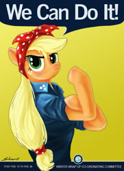 Size: 608x839 | Tagged: safe, artist:silver-dt, applejack, earth pony, pony, semi-anthro, clothes, female, flexing, headscarf, hilarious in hindsight, motivational poster, propaganda poster, rosie the riveter, scarf, simple background, solo, we can do it!, world war ii, yellow background