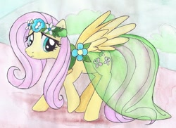 Size: 989x719 | Tagged: safe, artist:astevenamedwolf, fluttershy, pegasus, pony, backing away, clothes, dress, female, headdress, looking at you, mare, raised hoof, see-through, solo, spread wings, traditional art, watercolor painting, wings