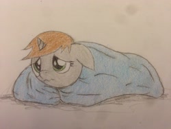 Size: 3264x2448 | Tagged: safe, artist:professionalpuppy, oc, oc only, oc:littlepip, pony, unicorn, fallout equestria, blanket, cold, cute, diabetes, fanfic, fanfic art, female, horn, mare, pipabetes, simple background, solo, traditional art, white background