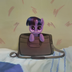 Size: 1600x1600 | Tagged: safe, artist:fahu, derpibooru import, twilight sparkle, bag, cute, daaaaaaaaaaaw, filly, pony in a bag, solo, twiabetes, younger