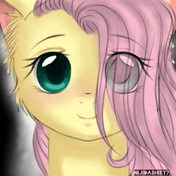 Size: 768x768 | Tagged: safe, artist:nijidashiey7, fluttershy, pegasus, pony, bust, cute, eye clipping through hair, female, filly, filly fluttershy, hair over one eye, looking at you, mare, shyabetes, smiling, younger