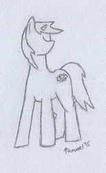 Size: 414x672 | Tagged: safe, artist:pommelsketches, oc, oc only, oc:littlepip, pony, unicorn, fallout equestria, black and white, cutie mark, eyes closed, fanfic, fanfic art, female, grayscale, hooves, horn, mare, minimalist, monochrome, pencil drawing, simple background, solo, traditional art, white background