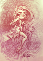 Size: 1251x1772 | Tagged: safe, artist:holivi, fluttershy, anthro, pegasus, plantigrade anthro, barefoot, clothes, dress, feet, female, looking at you, mare, monochrome, solo