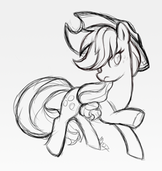 Size: 1280x1348 | Tagged: safe, artist:mn27, applejack, earth pony, pony, female, gray background, grayscale, mare, monochrome, raised hoof, simple background, sketch, solo