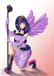 Size: 2405x3367 | Tagged: safe, artist:tears-of-xion, derpibooru import, twilight sparkle, twilight sparkle (alicorn), alicorn, human, clothes, dress, ear piercing, earring, elf ears, evening gloves, female, gala dress, gloves, gradient background, humanized, jewelry, long gloves, piercing, solo, staff, winged humanization