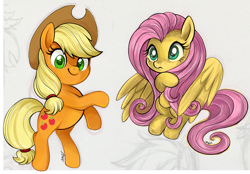 Size: 1280x890 | Tagged: safe, artist:mn27, applejack, fluttershy, earth pony, pegasus, pony, cowboy hat, duo, female, gray background, hat, looking at you, mare, simple background, smiling