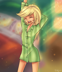 Size: 1360x1580 | Tagged: safe, artist:tcn1205, applejack, human, equestria girls, bed, bedroom, clothes, crying, cute, freckles, humanized, jackabetes, pajamas, pony coloring, solo, yawn