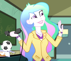 Size: 1190x1015 | Tagged: safe, screencap, princess celestia, principal celestia, eqg summertime shorts, equestria girls, subs rock, apron, ball, blazer, canterlot high, chalkboard, classroom, clothes, cropped, desk, door, female, football, phone, smiling, solo, sports, telephone cord, watch