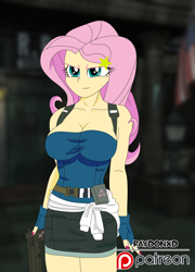 Size: 1024x1424 | Tagged: safe, artist:raydonxd, part of a set, fluttershy, equestria girls, big breasts, breasts, cleavage, clothes, crossover, female, gun, hootershy, jill valentine, patreon, patreon logo, raccoon city, resident evil, resident evil 3, solo, weapon