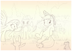 Size: 1073x758 | Tagged: safe, artist:sherwoodwhisper, applejack, fluttershy, pinkie pie, earth pony, pegasus, pony, raccoon, squirrel, floppy ears, plunger, traditional art