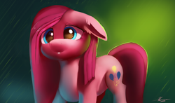 Size: 4000x2350 | Tagged: safe, artist:auroriia, pinkie pie, earth pony, pony, cute, cuteamena, female, mare, pinkamena diane pie, rain, smiling, solo, wet mane