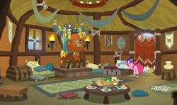 Size: 1589x943 | Tagged: safe, screencap, pinkie pie, prince rutherford, earth pony, pony, yak, school daze, baseball cap, cap, cloven hooves, cupcake, delivery, duo, female, food, hat, mare, throne, throne room, yakyakistan