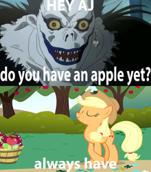 Size: 704x800 | Tagged: safe, applejack, earth pony, pony, death note, funny, meme, ryuk, shinigami