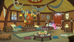 Size: 1920x1080 | Tagged: safe, screencap, pinkie pie, prince rutherford, earth pony, pony, yak, school daze, baseball cap, cap, cloven hooves, cupcake, delivery, discovery family logo, female, food, hat, mare, pillow, throne, throne room, torch, treasure chest, yakyakistan