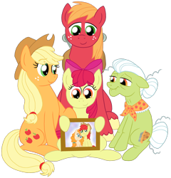 Size: 1750x1822 | Tagged: safe, artist:crazynutbob, apple bloom, applejack, big macintosh, bright mac, granny smith, pear butter, earth pony, pony, the perfect pear, apple family, brightbutter, female, hoof on shoulder, male, picture frame, remember, shipping, simple background, straight, transparent background