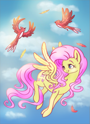 Size: 1191x1648 | Tagged: safe, artist:eternalsubscriber, fluttershy, bird, pegasus, pony, cloud, cute, feather, female, flying, head turn, mare, shyabetes, sky, smiling, spread wings, wings