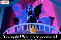 Size: 1024x672 | Tagged: safe, nightmare moon, comic:celestia's servant interview, caption, interview, meta