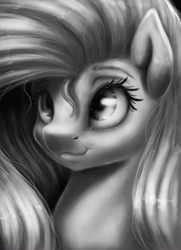 Size: 1191x1648 | Tagged: safe, artist:eternalsubscriber, fluttershy, pegasus, pony, bust, commission, female, mare, monochrome, portrait, smiling, solo